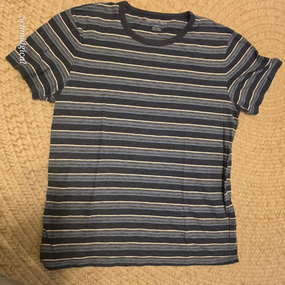 American Eagle Mens Medium Striped T-Shirt Navy Blue Short Sleeve Crewneck Tee